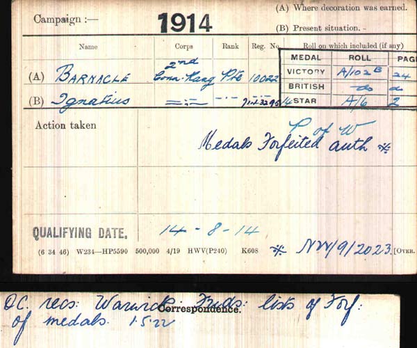 Barnacle Connaught rangers medal card