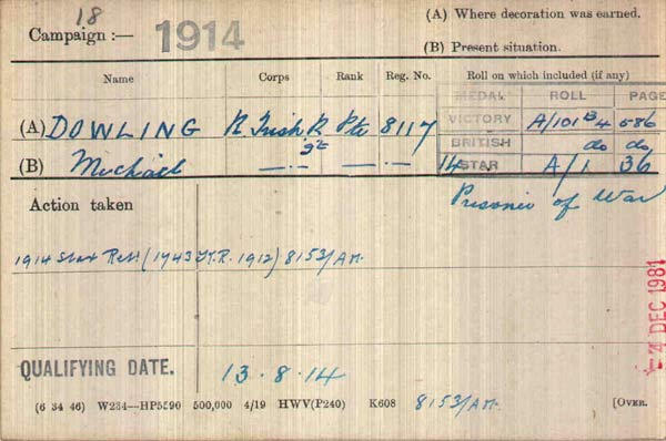 Michael Dowling medal card