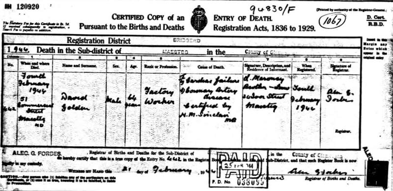 David Golden death cert