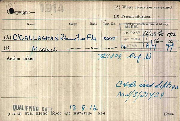 o'callaghan medal card